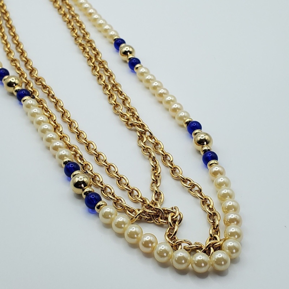 Cobalt Blue Cream Beaded Necklace Multi Strand‎ Gold Tone Statement Elegant
